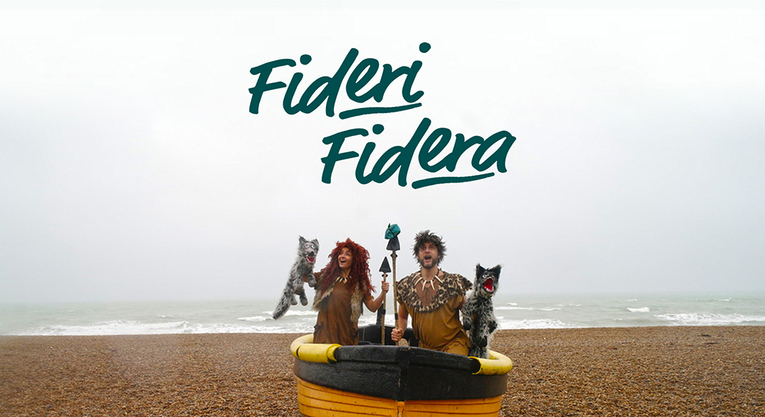 Fideri Fidera homepage slide showing the characters Ugg 'n' Ogg on Brighton beach. Photo © Flora Beagle